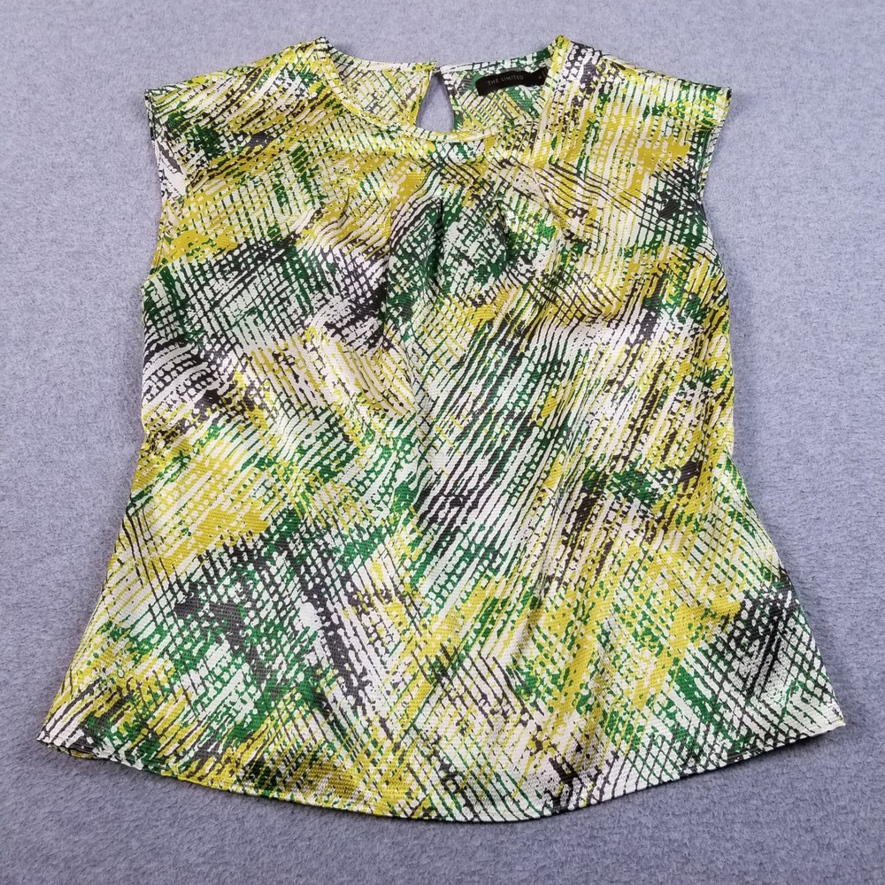 The Limited Blouse Womens M Medium Green Yellow Abstract Sleeveless Satin Top
